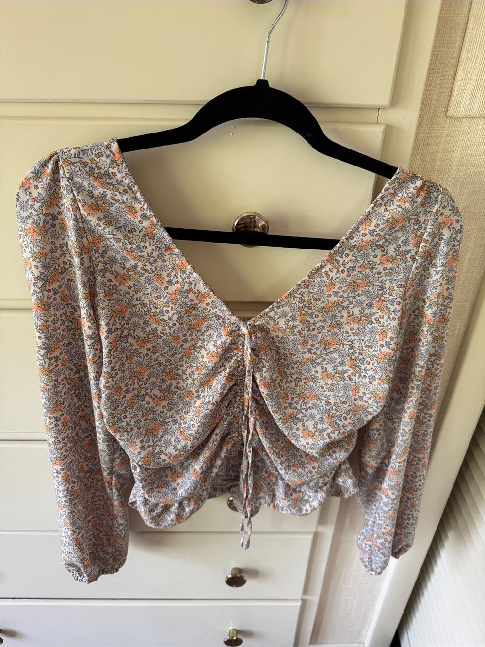 H&M Floral Drawstring V-Neck Women's Top in Cream and Orange
